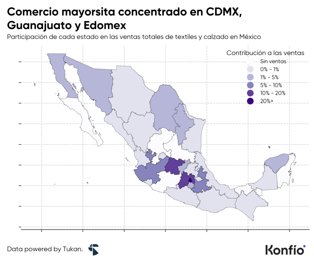 Mapa: Comercio mayorista concentrado en CDMX, Guanajuato y EDOMEX.
