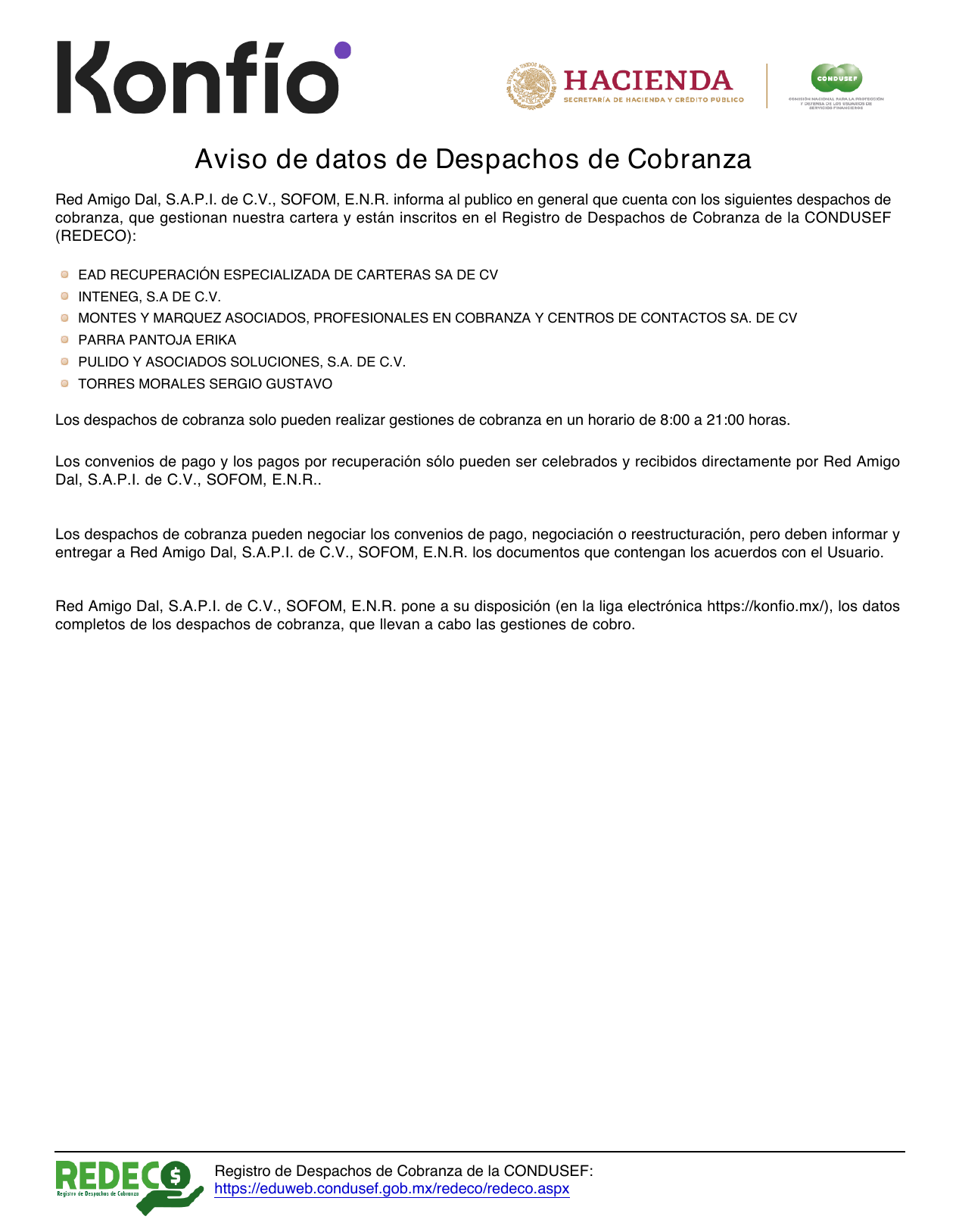 Aviso de datos de Despachos de Cobranza